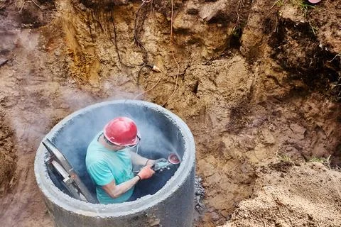 Worker makes hole for an inlet pipe in concrete septic tank ring using an a.. Stock Photos