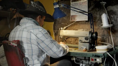 Worker Makes Seams On Leather Material Stock Footage 98764962