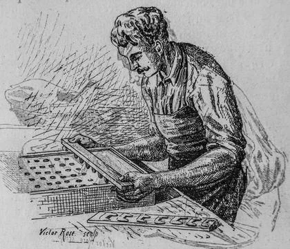 Worker making the footprints in the starch, Jacquin Dammarie Les Lys establis Stock Illustration