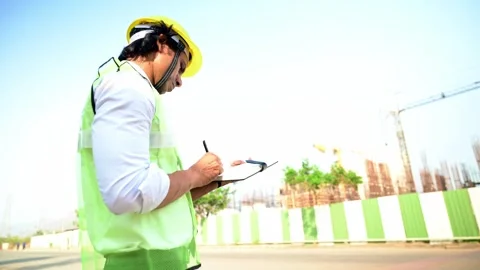 Worker making notes on under construction site Stock Footage 277036438