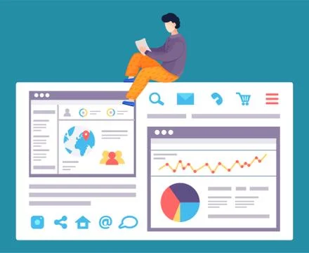 Worker making web analytics, using chart, diagram, graph, two webpages with イラスト素材