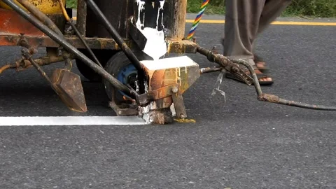 Worker Making White Line On Road With Painting Machine Stock Footage 343237929