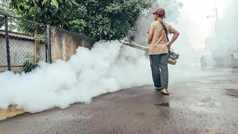 A worker male using fogging machine to eliminate mosquito larvae in the morning Stock Photos