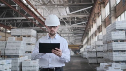 Worker male warehouse worker engineer man in a helmet working on the Video stock 114451788