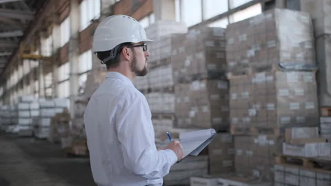 Worker male warehouse worker engineer man in a helmet working on the Video stock 114452455