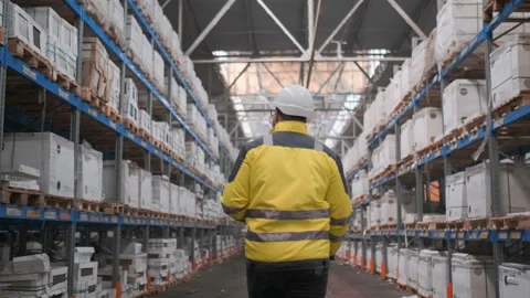 Worker male warehouse worker engineer man in a helmet working on the Stock Footage 114475271