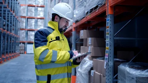 Worker male warehouse worker engineer man in a helmet working on the Видео 127942754