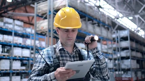 Worker male warehouse worker engineer man in a helmet working on the Stock Footage 172168022