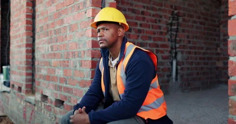Worker, man and thinking at construction site with PPE, engineering or vision Stock Footage 336225785