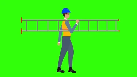 Worker Man character worker walking with ladder on the shoulder animation, loop Stock Footage 286057857