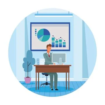 Worker man in computer desk Illustrazione stock