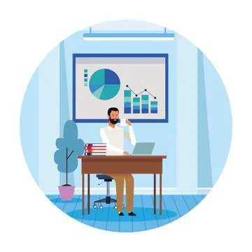Worker man in computer desk 스톡 일러스트