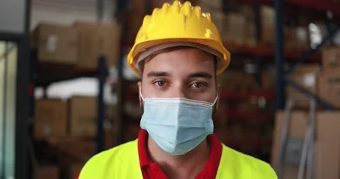 Worker man inside delivery boxes warehouse Stock Footage 145434606
