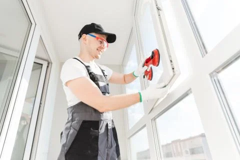 Worker man installs plastic windows and doors with double-glazed white Stock Photos