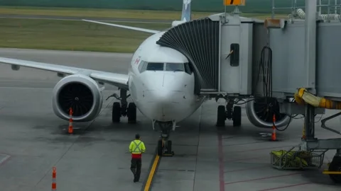 Worker man on runway came to check an airplane before take off 動画素材 314844406