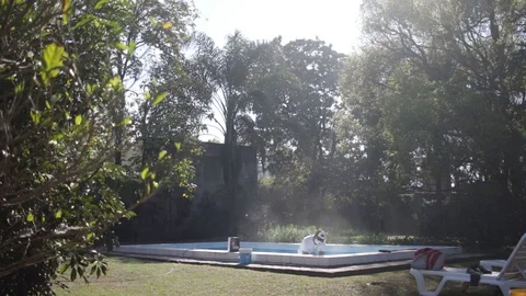 Worker man sanding a swimming pool, in a green yard 스톡 동영상 123799829