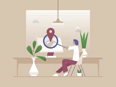 Worker man searching geo on web. Vector Stock Illustration