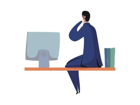 Worker man talking on phone back view. Stock Illustration
