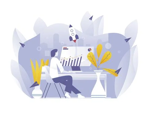 Worker man using computer. Seo. Vector picture Stock Illustration