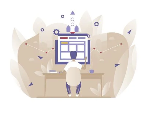 Worker man using computer. Seo. Vector picture 스톡 일러스트