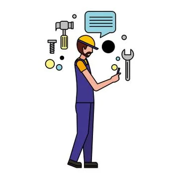 Worker man using mobile media icons Illustrazione stock