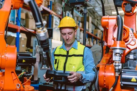 Worker man working with robot arm automate welding machine in modern metal fa 스톡 사진