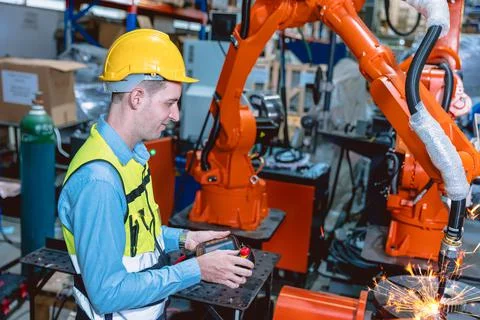 Worker man working with robot arm automate welding machine in modern metal fa 스톡 사진