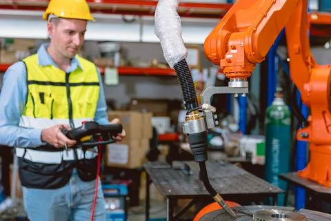 Worker man working with robot arm automate welding machine in modern metal fa 스톡 사진