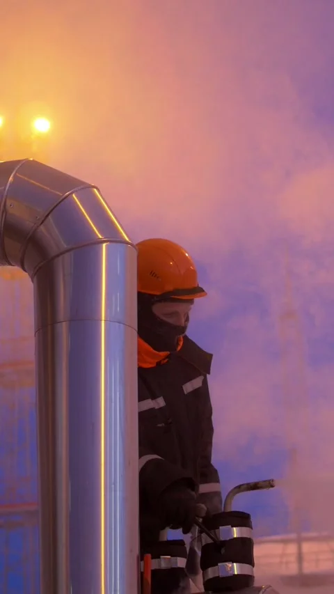 Worker managing industrial operations at night, enveloped in steam from high Stock Footage 282470326