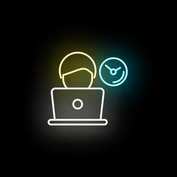 Worker managing time using laptop neon icon Stock Illustration