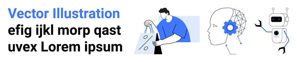 Worker manipulating technology, human brain with gears symbolizing AI, intera Stock Illustration