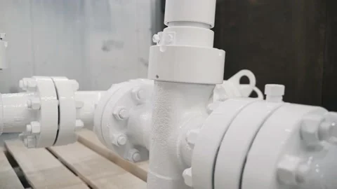 A worker in a mask and uniform paints a metal pipe at the factory Stock Footage 234476687