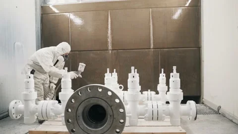A worker in a mask and uniform paints a metal pipe at the factory Stock Footage 234476728