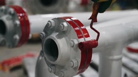 A worker in a mask and uniform paints a metal pipe at the factory Stock Footage 234476741