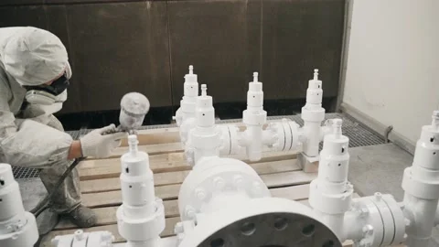 A worker in a mask and uniform paints a metal pipe at the factory Stock Footage 234476759