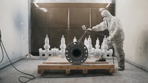 A worker in a mask and uniform paints a metal pipe at the factory Stock Footage 234476777