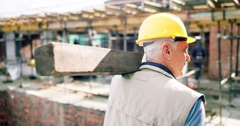 Worker, mature man and carry concrete on construction site for building material Stock Footage 337016152