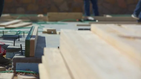 Worker Measures and Marks Wood Beam Stock Footage 80833020