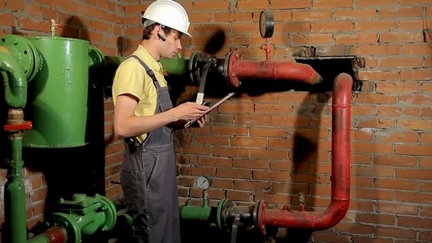 The worker measures the temperature of the heating pipe with a laser pyrometer 動画素材 76259235