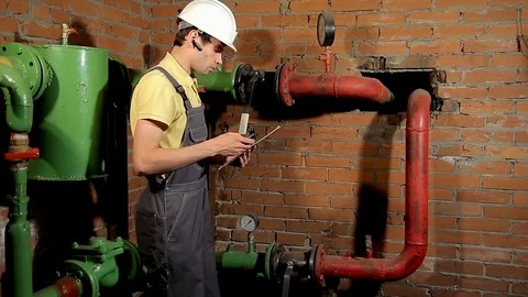 The worker measures the temperature of the heating pipe with a laser pyrometer Stock Footage 77121953