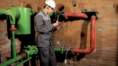 The worker measures the temperature of the heating pipe with a laser pyrometer Stock Footage 77124002