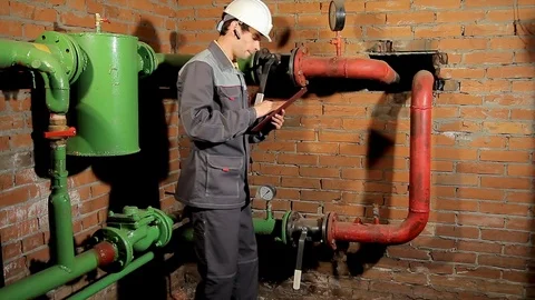 The worker measures the temperature of the heating pipe with a laser pyrometer Stock Footage 77124214