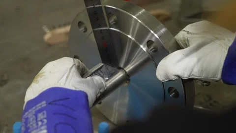 Worker measuring a cylinder metal object Stock Footage 256087476