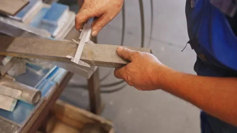 Worker Measuring Metal Bar With Vernier Caliper in Workshop Stock Footage 337190107