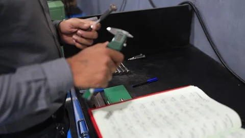 Worker is measuring the metal stamp for tinsel testing Stock Footage 306144787