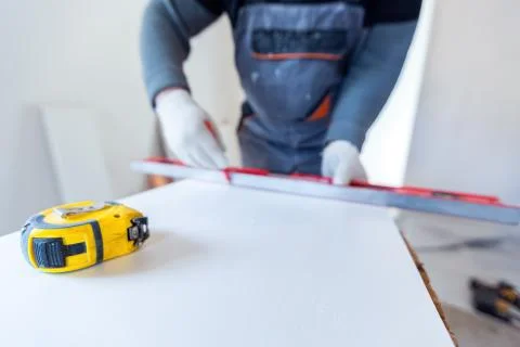 Worker is measuring the plastic detail before it cutting in apartment that is Stock Photos