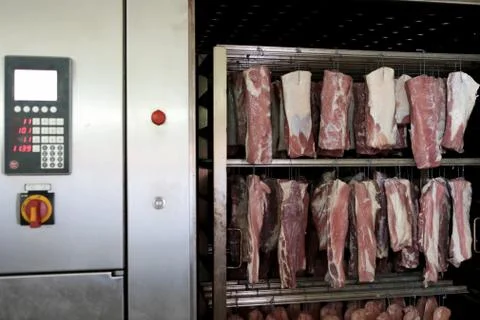 A worker at the meat processing factory, prepares sausages at the work table Stock Photos