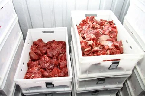 A worker at the meat processing factory, prepares sausages at the work table Stock Photos