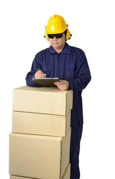 Worker in Mechanic Jumpsuit with stack of boxes and Checking Products isolate Stock Photos