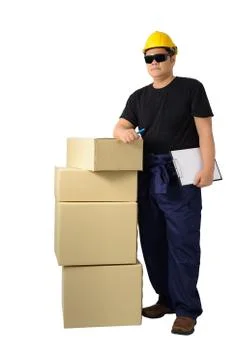 Worker in Mechanic Jumpsuit with stack of boxes and Checking Products isolate Stock Photos